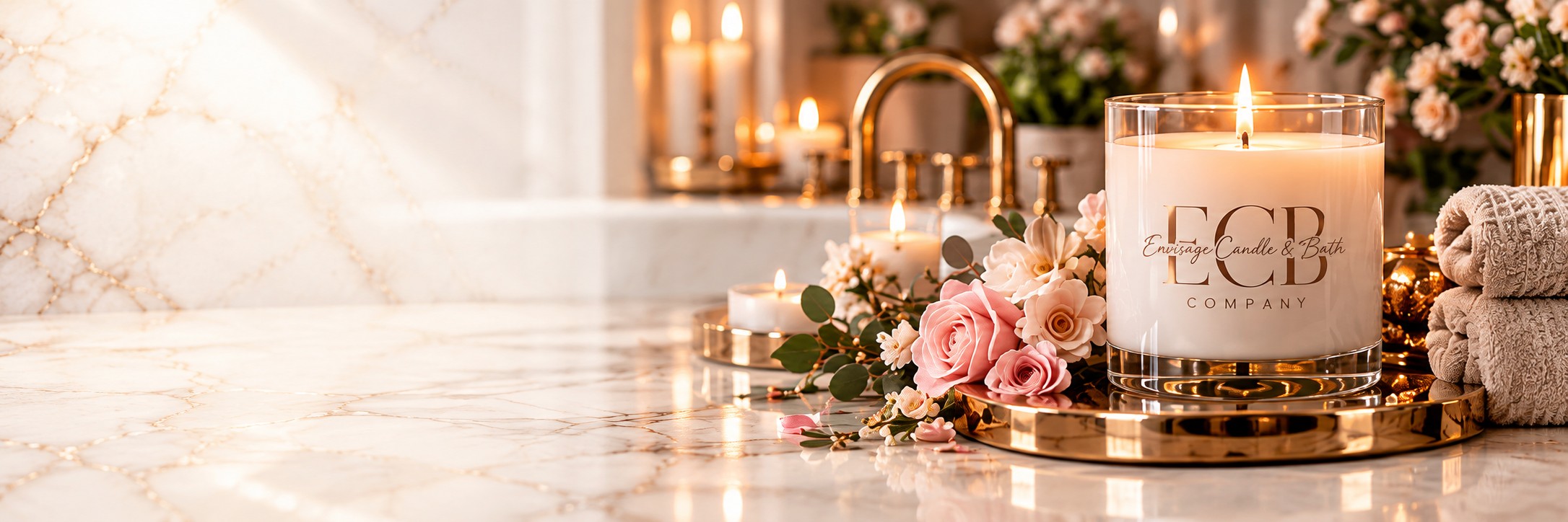 Envisage Candle & Bath Company LLC™ candle, blush roses, gold tray and soft spa towels